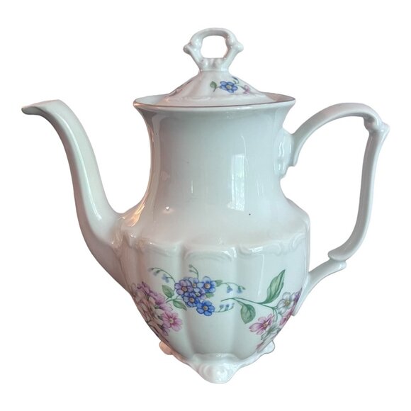 Walbrzych Poland Teapot White Pink Blue Flowers Vines Ribbed - Picture 3 of 9